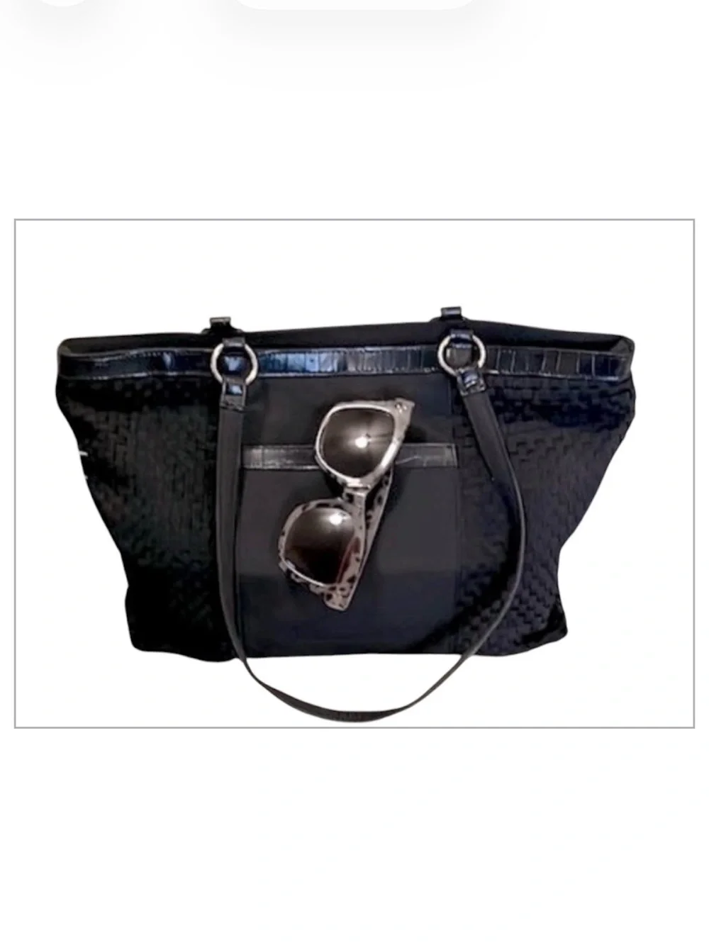 Coldwater Creek Women’s Black Woven Nylon Tote Purse Faux Leather Trim